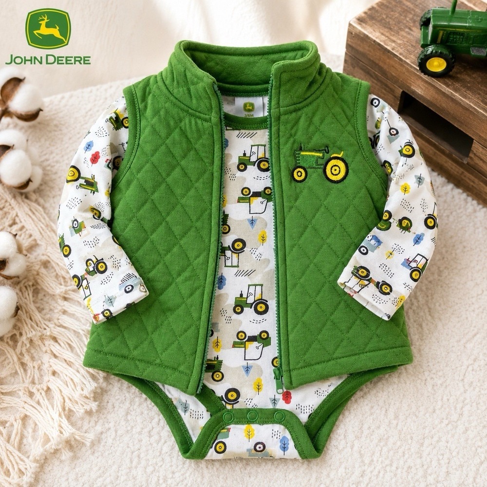 John Deere Baby 2 Pc Outfit 3/6M Green Quilted Vest Tractor Bodysuit Long Sleeve